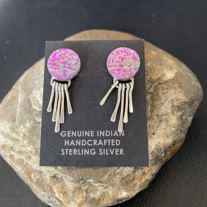 Womens Pink Opal Inlay Navajo Sterling Silver Dangle Post Earrings 1.3" 12758