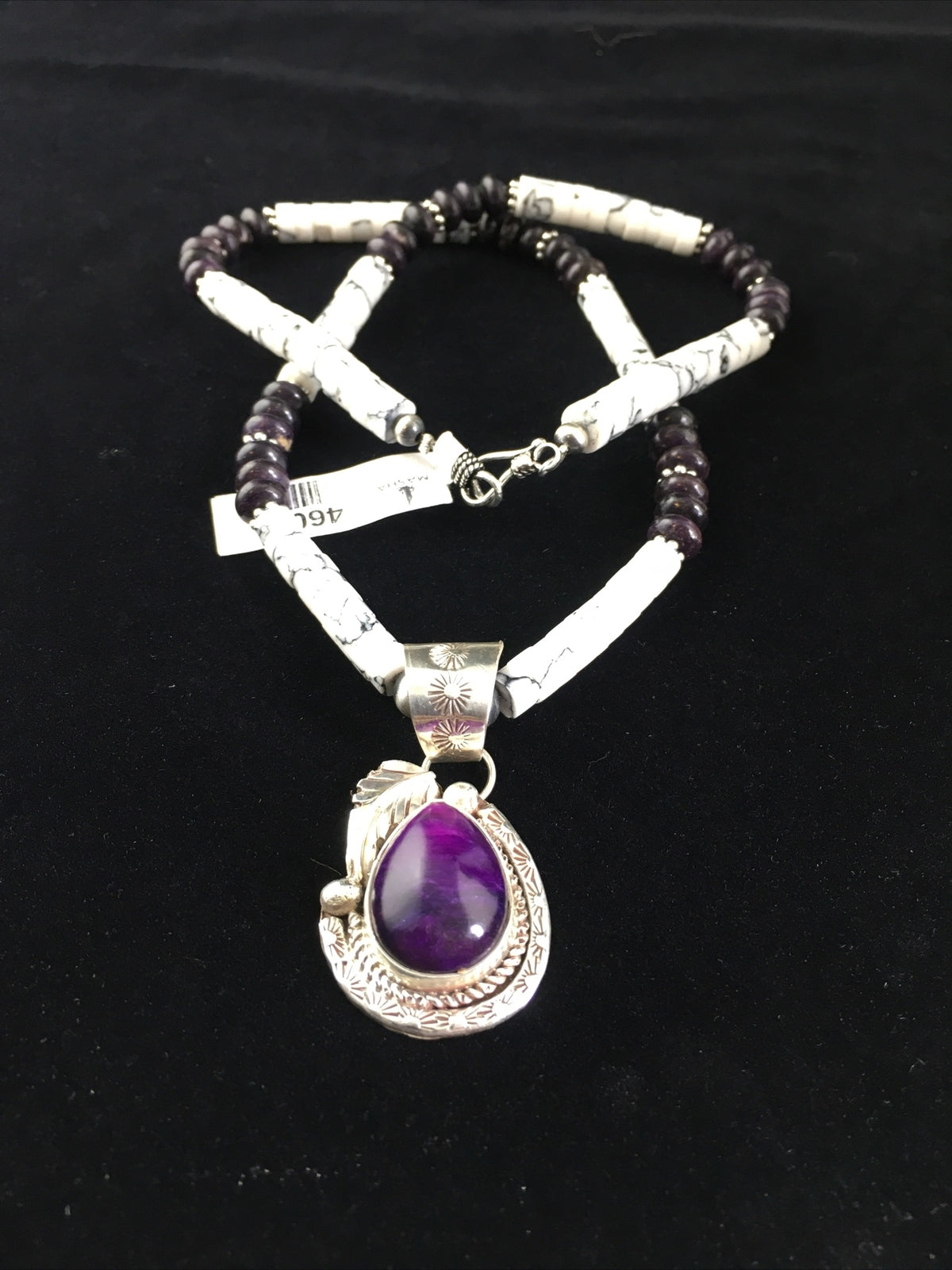 Native  Purple Stone & Howlite Bead Navajo Sterling Silver Necklace 04607