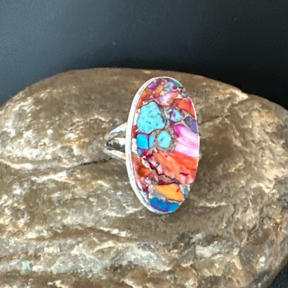 Blue Turquoise Spiny Oyster Navajo Sterling Silver Ring Size 8 18214