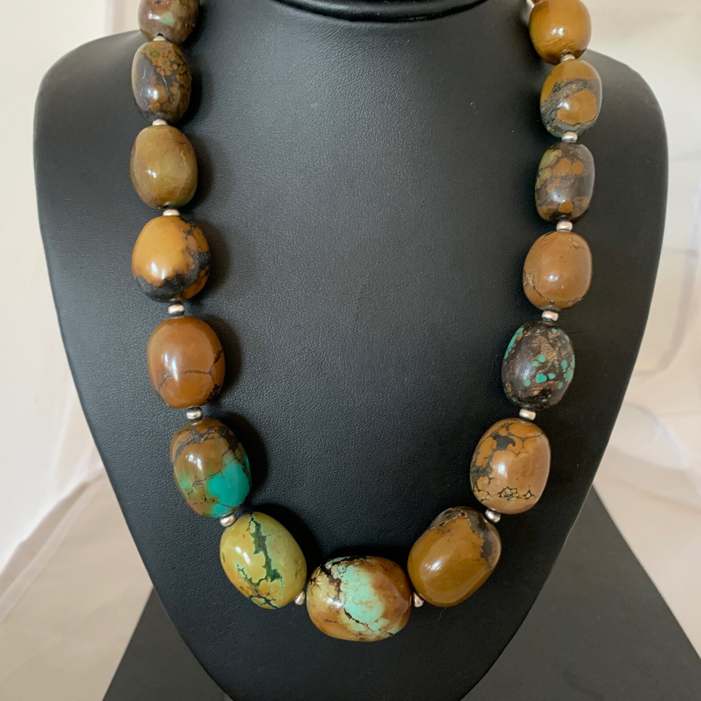 Green Chunky Turquoise Graduated Navajo Sterling Silver Necklace 20" 02113