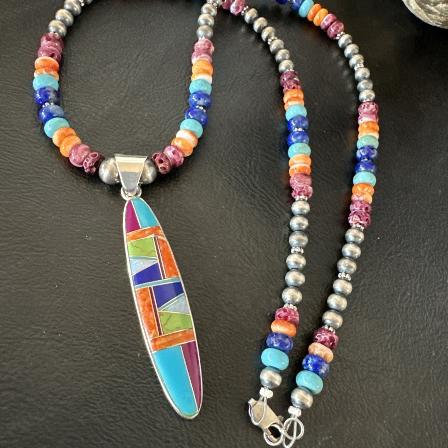 Multicolor Turquoise Spiny Navajo Sterling Silver Inlay Pendant Necklace 19643