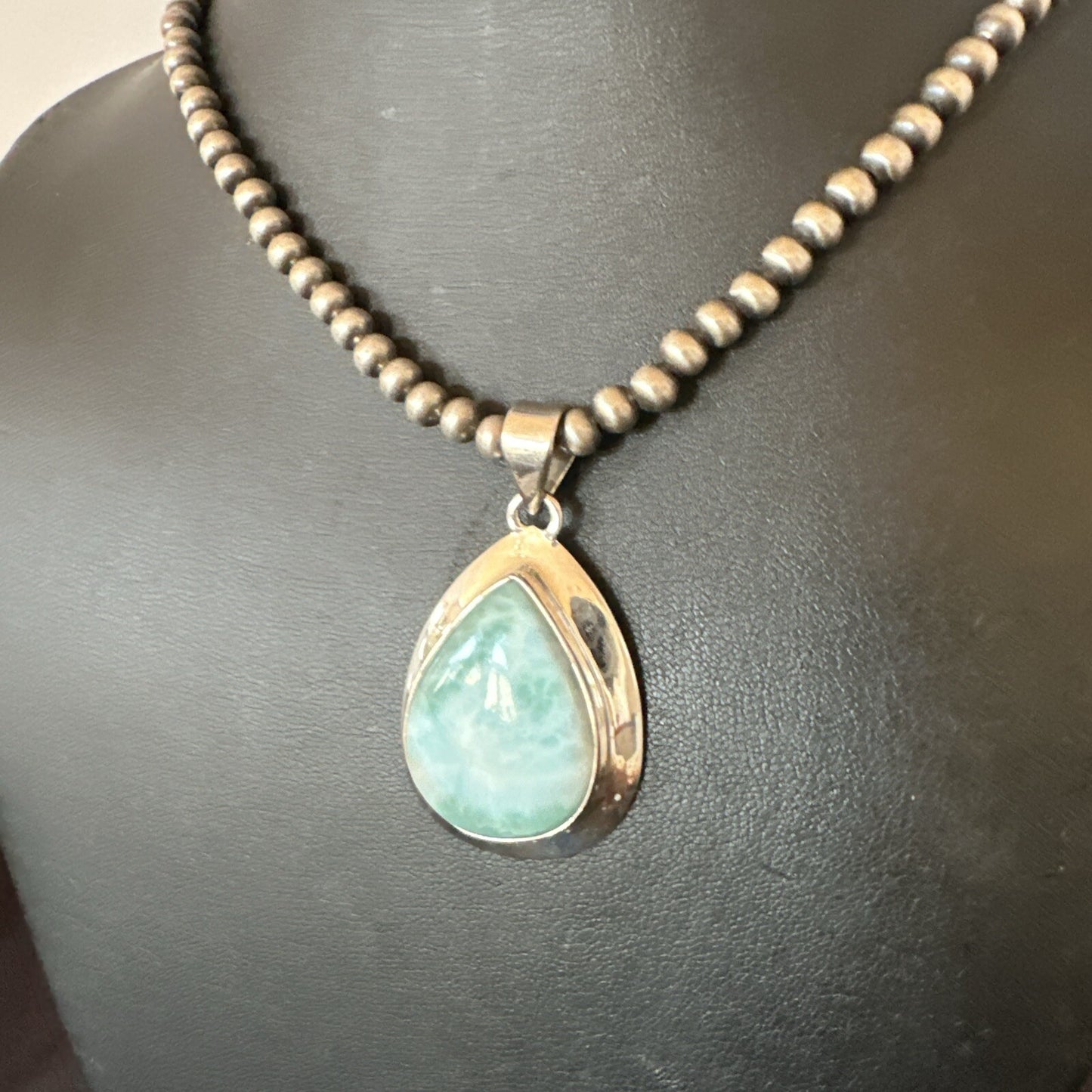 Womens Blue Larimar Pendant Navajo Sterling Silver Beads Necklace 17715