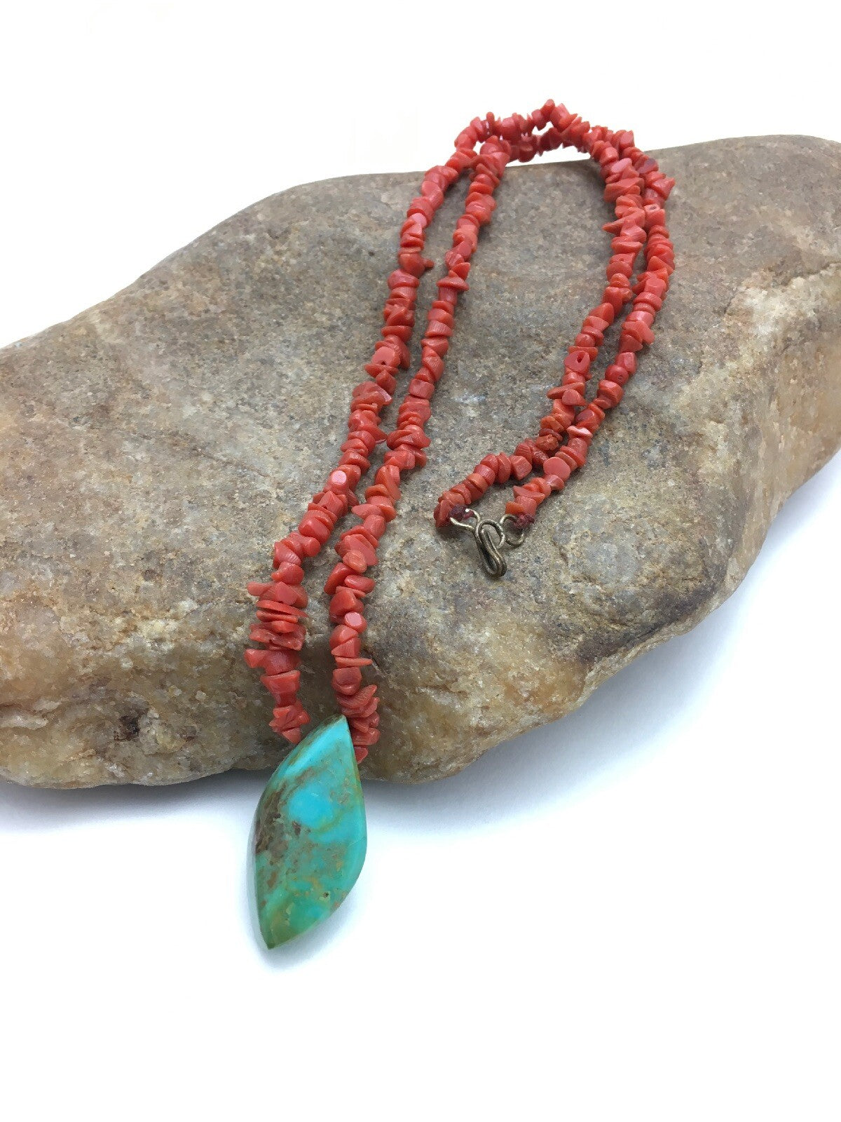 Native American Turquoise Pendant Coral Brass Old Pawn Necklace 19" 04005