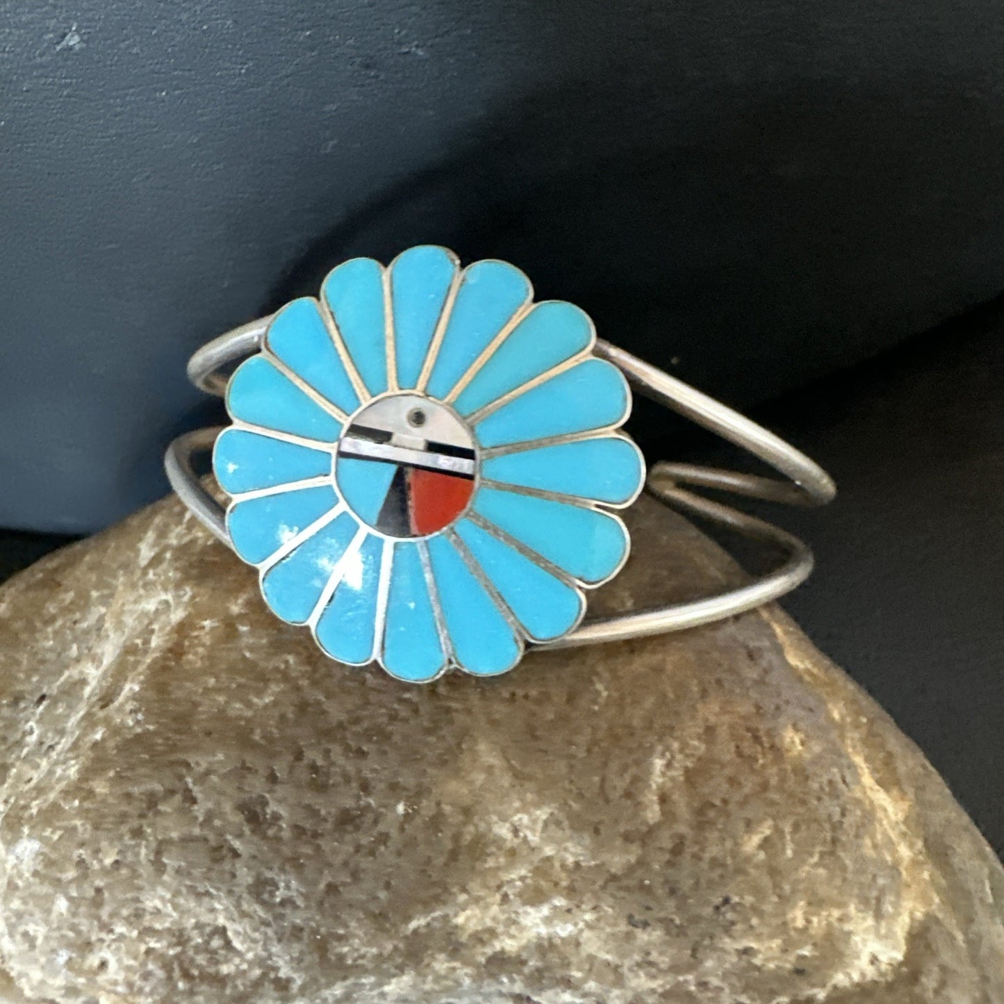 Old Pawn Sunface Turquoise Zuni Sterling Silver Onyx Bracelet 6.5” 19129