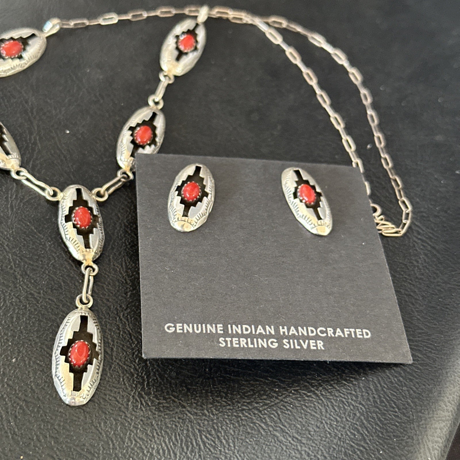 Old Native Navajo Red Coral Sterling Silver Shadowbox Necklace Earrings 18”19102