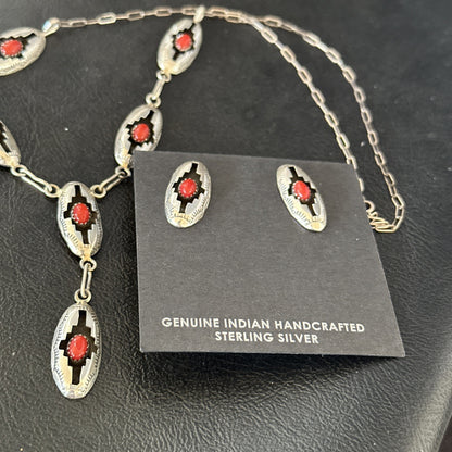 Old Native Navajo Red Coral Sterling Silver Shadowbox Necklace Earrings 18”19102