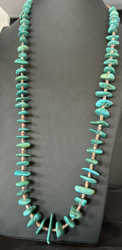 XL Navajo Kingman Turquoise Shell Heishi Sterling Silver Bead 35” Necklace 19634