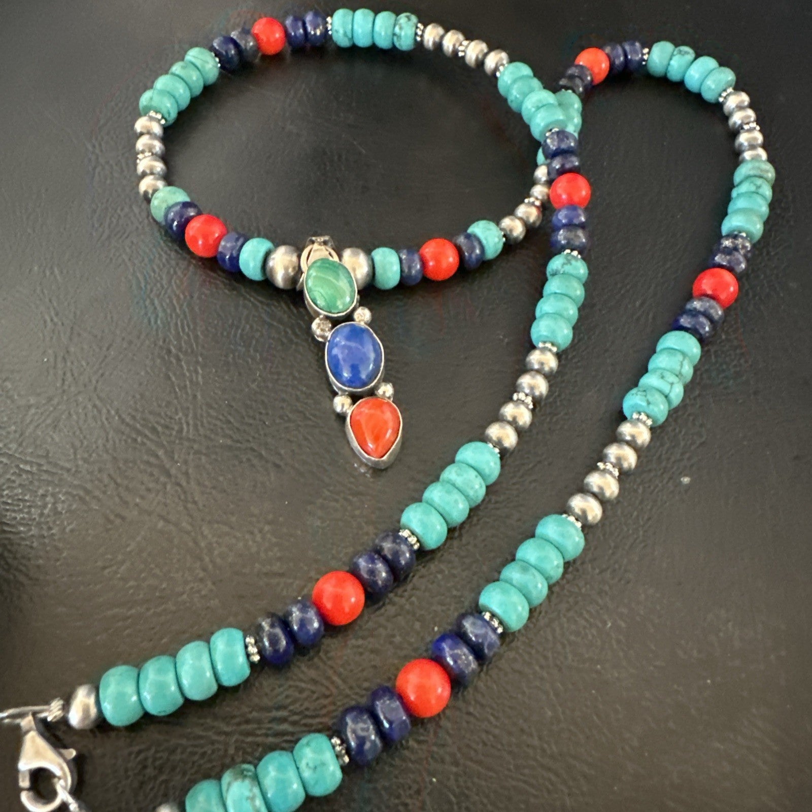Multicolor Turquoise Coral Navajo Sterling Silver Cluster Pendant Necklace 19646
