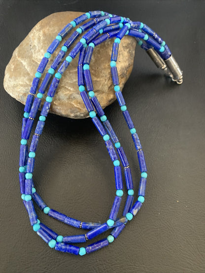 Lapis & Turquoise Tube Beads 3 Strands Navajo Sterling Silver Necklace 12701