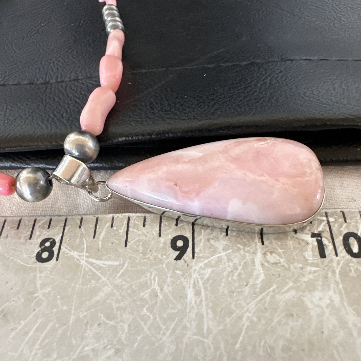 Southwestern Sterling Silver Pink Coral Bead Necklace Quartz Pendant 24" 19589