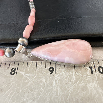 Southwestern Sterling Silver Pink Coral Bead Necklace Quartz Pendant 24" 19589