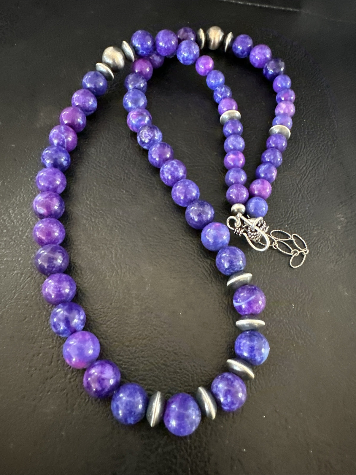10mm Royal  Purple Stone Bead Navajo Sterling Silver Necklace 24” 17922