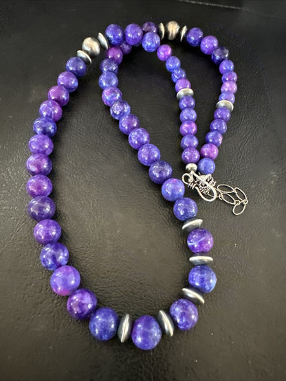 10mm Royal  Purple Stone Bead Navajo Sterling Silver Necklace 24” 17922