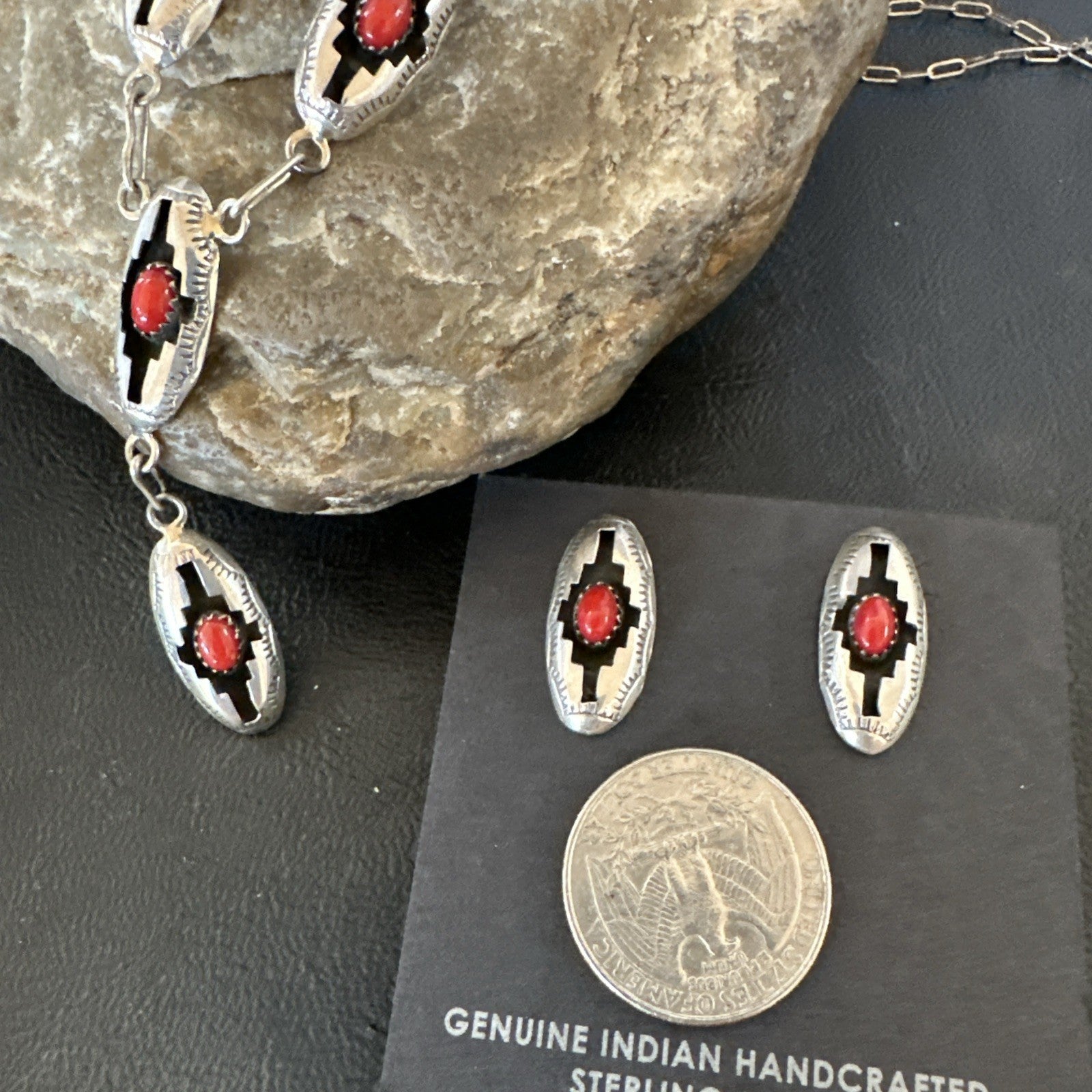 Old Native Navajo Red Coral Sterling Silver Shadowbox Necklace Earrings 18”19102