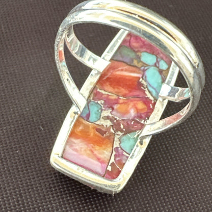 Blue Turquoise Purple Spiny Oyster Navajo Sterling Silver Ring Size 8 18218