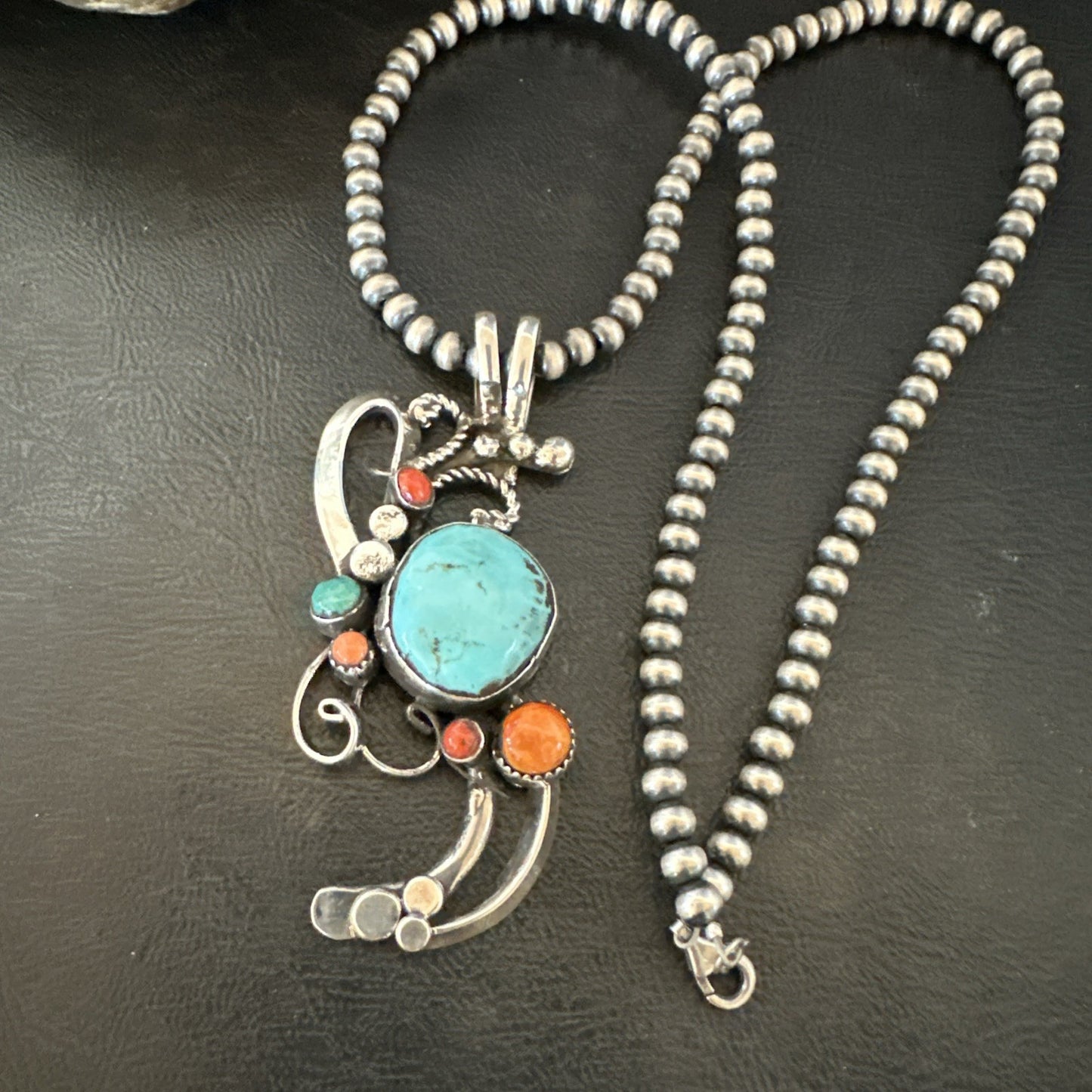 Multicolor Turquoise Spiny Navajo Sterling Silver Cluster Pendant Necklace 19683