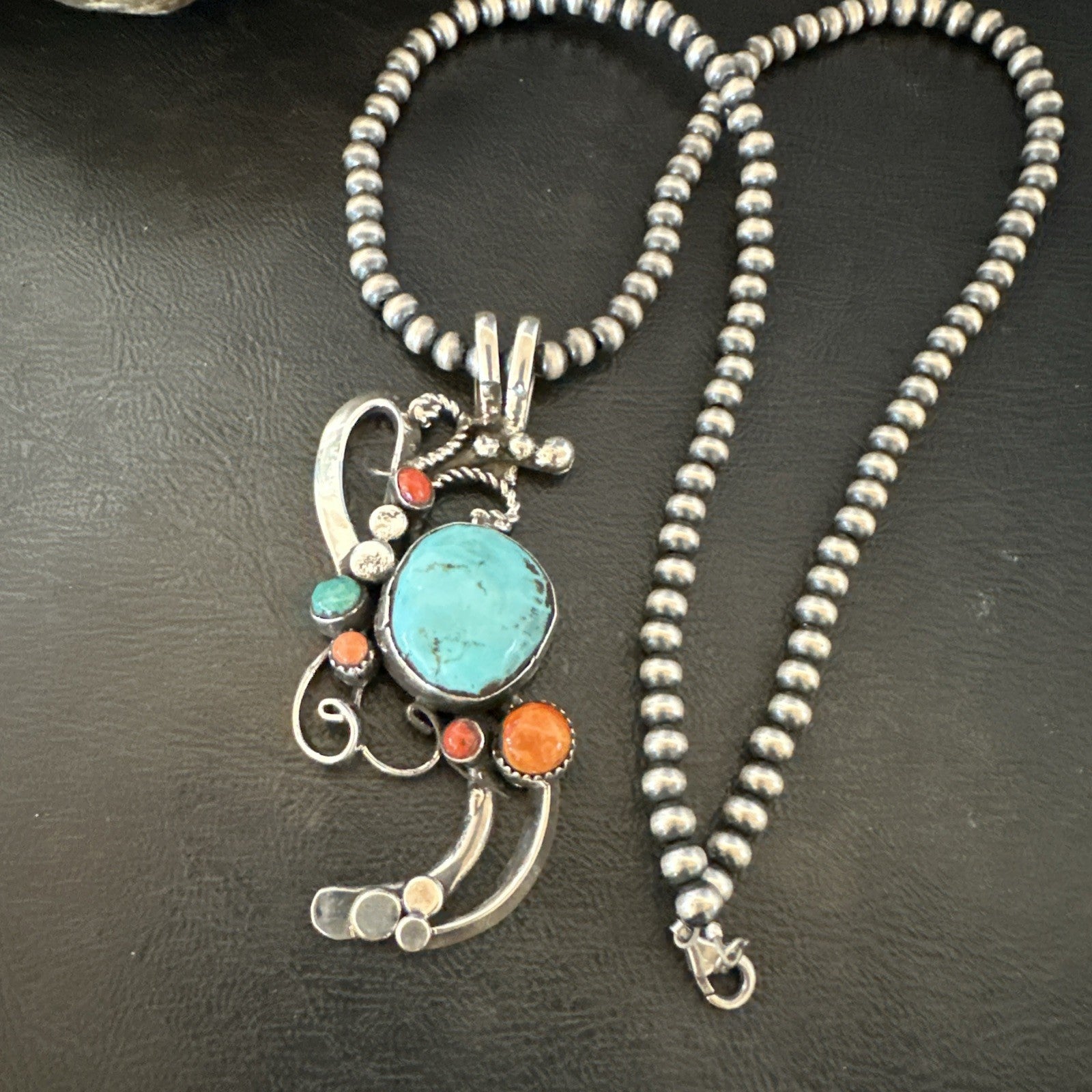 Multicolor Turquoise Spiny Navajo Sterling Silver Cluster Pendant Necklace 19683