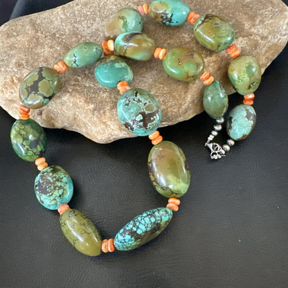 Blue Green Turquoise Spiny Chunky Navajo Sterling Silver Necklace 22” 19253