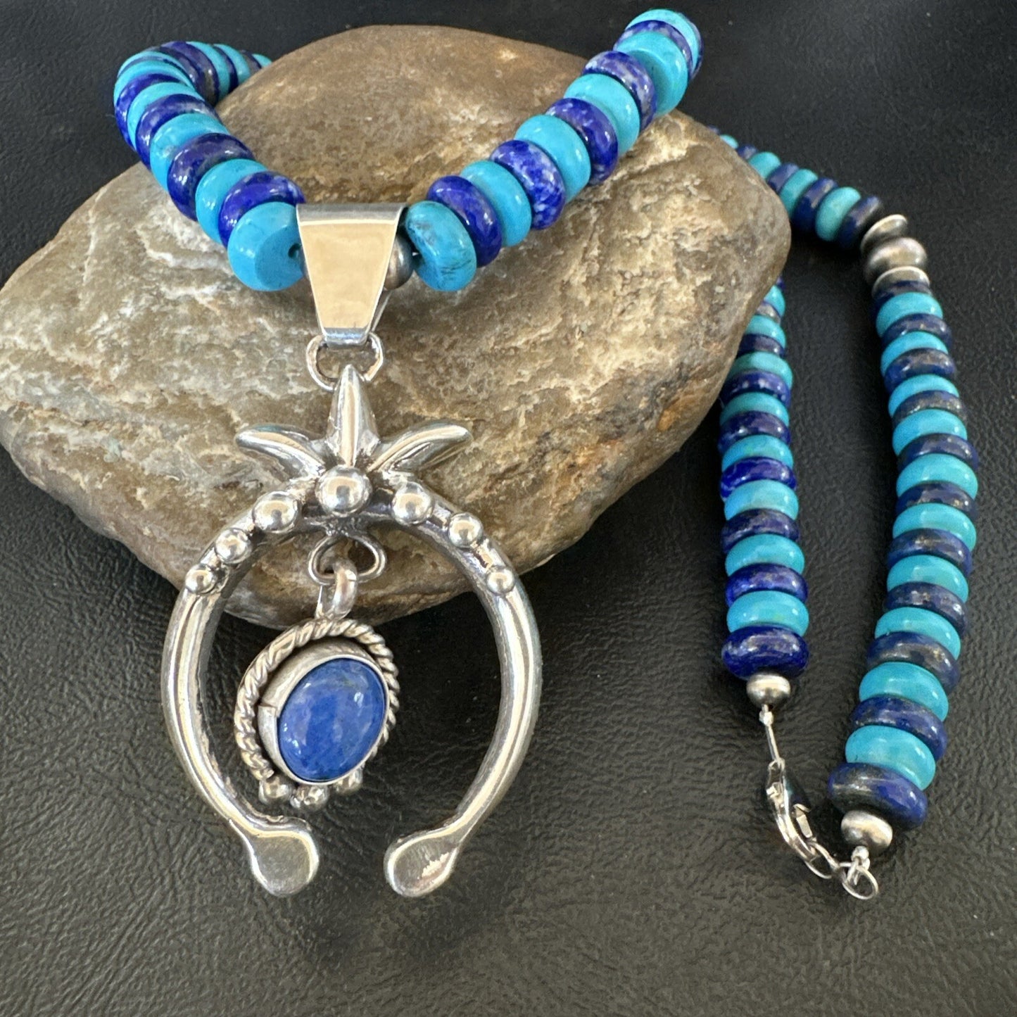 Blue Denim Lapis Turquoise Naja Pendant Navajo Sterling Silver Necklace 21"17688