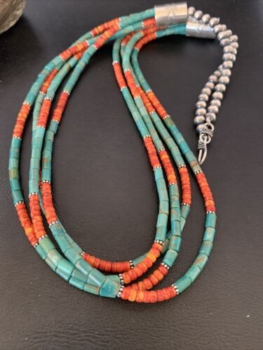 Navajo Green Royston Turquoise Spiny Necklace Sterling Silver 26" 10469