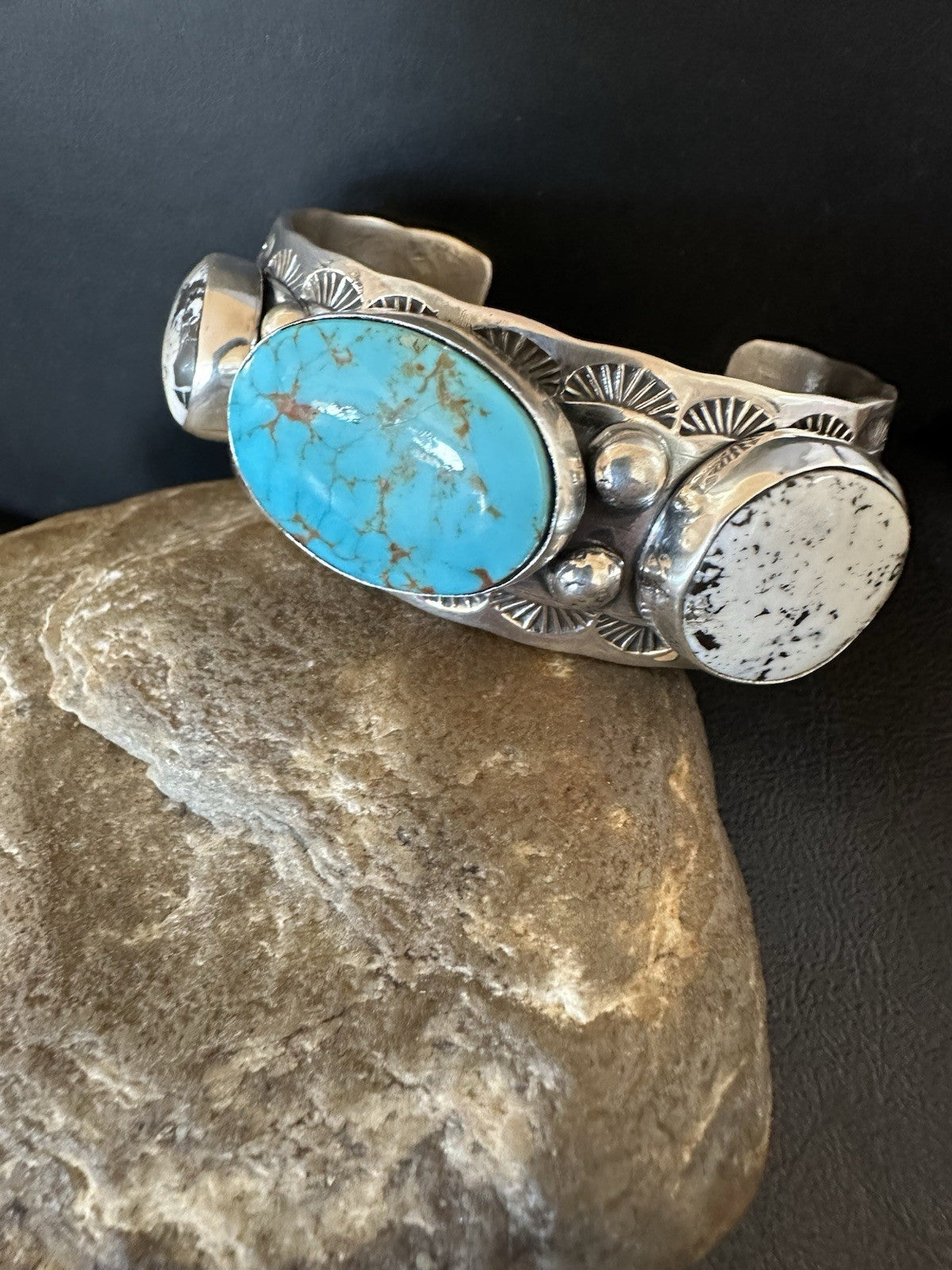 Men White Buffalo Blue Turquoise Navajo Sterling Silver Cuff Bracelet 7.3" 19429