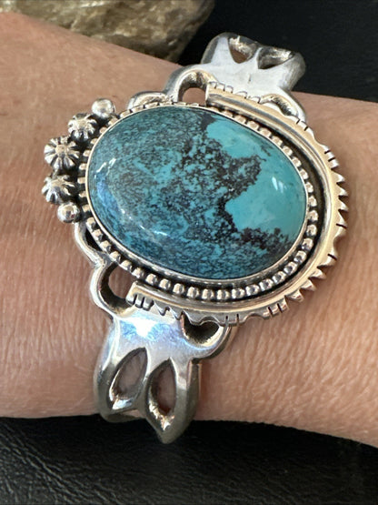 Yazzie Mens Blue Turquoise Navajo Sterling Silver Tufa Cast Cuff Bracelet 19693