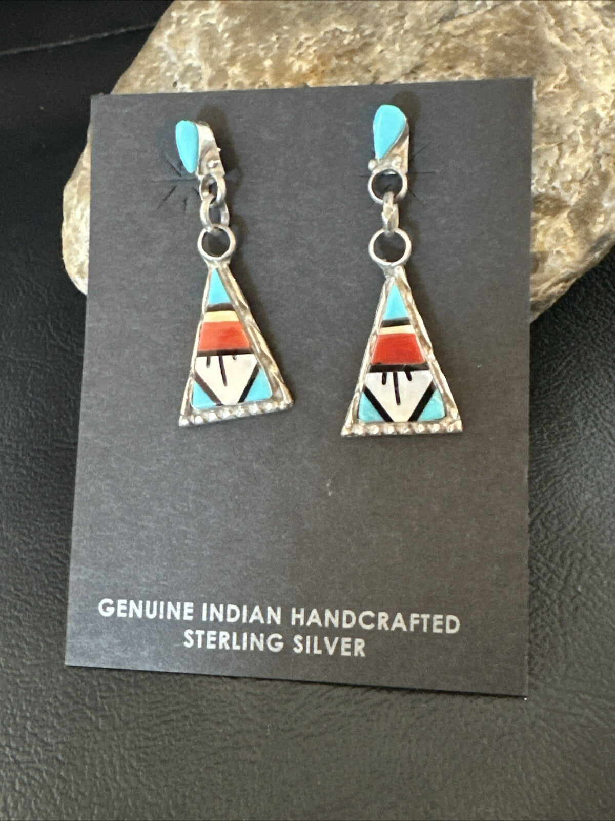 Turquoise Onyx Inlay Zuni Sterling Silver Old Pawn Earrings 00269