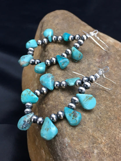 Blue Turquoise Cluster Navajo Sterling Silver Earrings 2" 02971