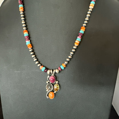 Multicolor Turquoise Spiny Navajo Sterling Silver Cluster Pendant Necklace 19640