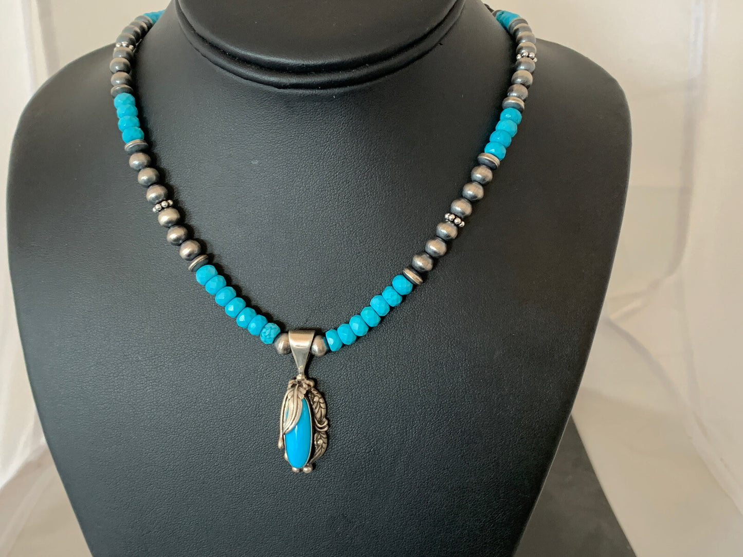 Blue Faceted Turquoise Sterling Silver Necklace Sleeping Beauty Pendant 00564