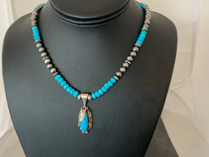 Blue Faceted Turquoise Sterling Silver Necklace Sleeping Beauty Pendant 00564