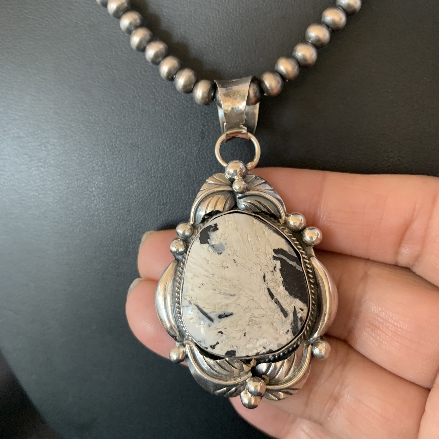 Men White Buffalo Turquoise Pendant Sterling Silver Beads Necklace 12670N