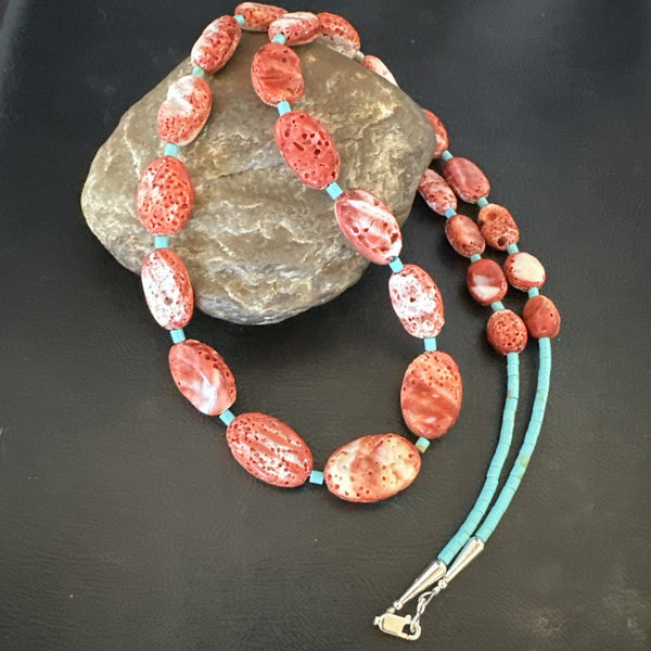 Red Spiny Oyster Turquoise Heishi Navajo Necklace 32" | Sterling Silver | Authentic Native American Handmade | 17766