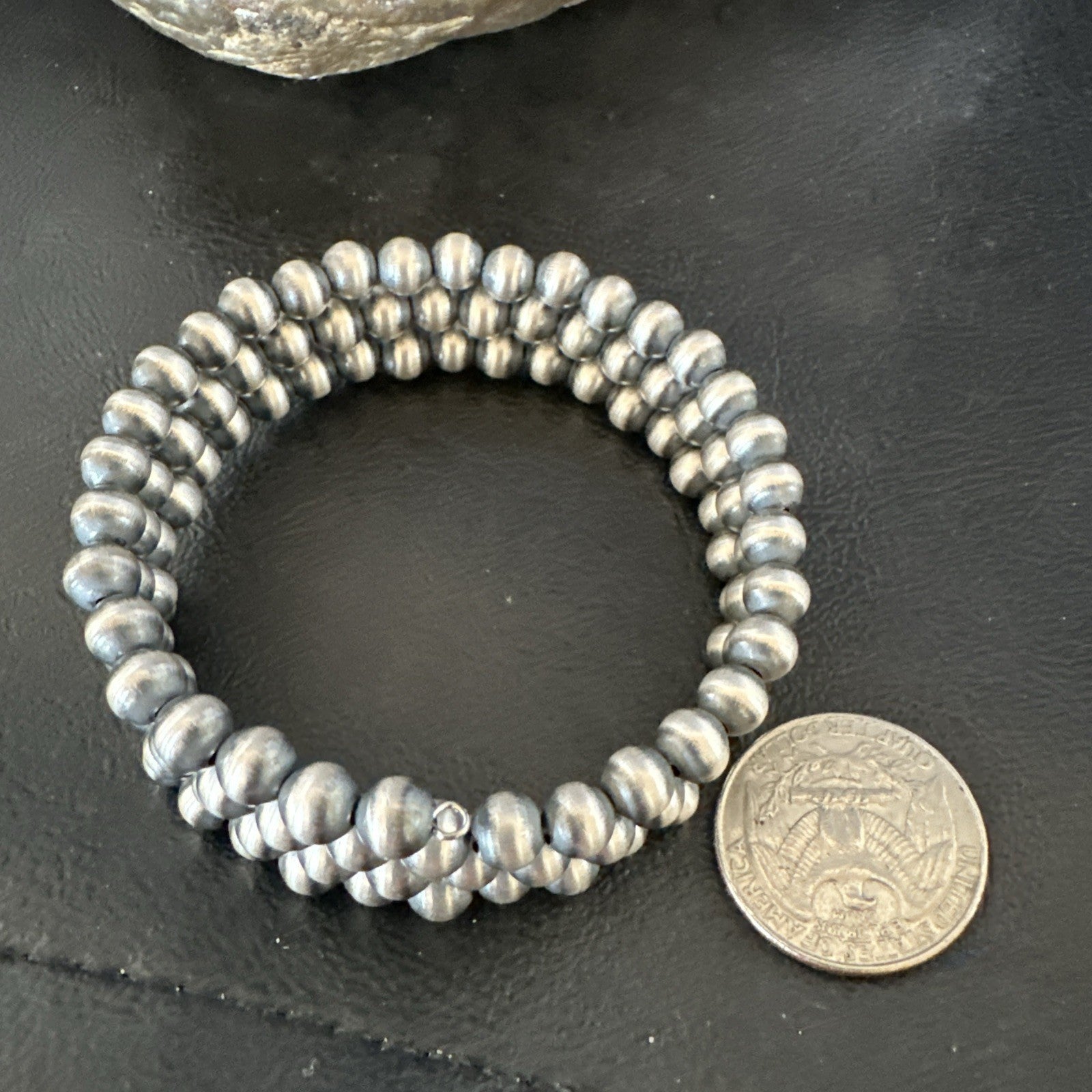 Sterling Silver Navajo Pearls 6mm Beads Stainless Steel Wire Wrap Bracelet 19021