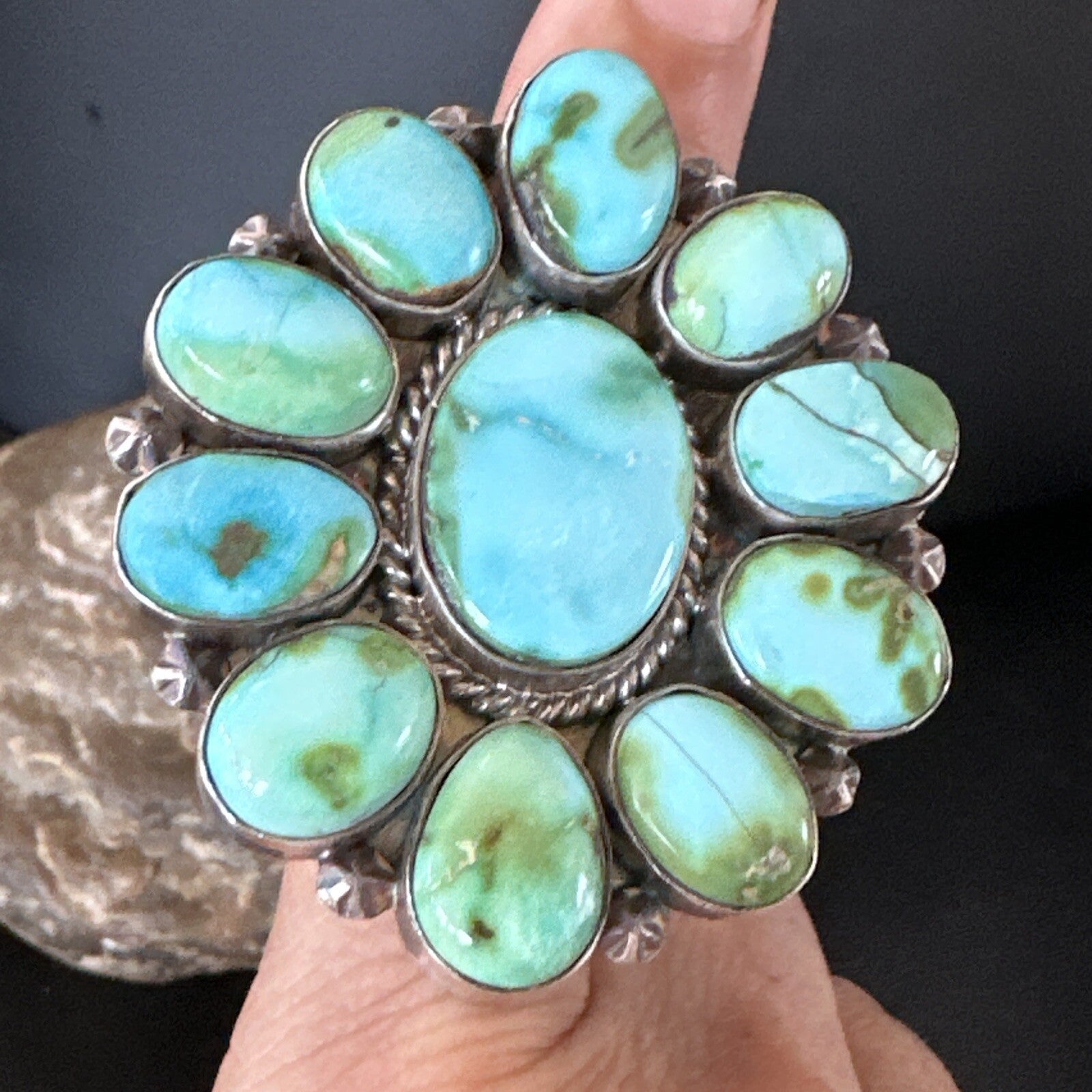Sonoran Gold Green Turquoise Navajo Sterling Silver Cluster Ring Size 11 16033N
