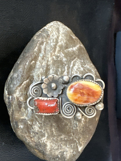 Old Pawn Spiny Oyster Coral Navajo Sterling Silver Cluster Ring Sz 6 19762