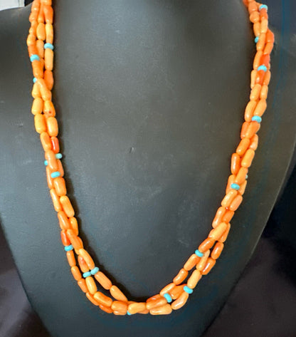 Native Turquoise Orange Coral Sterling Silver 3 Strand Necklace 21" 17818
