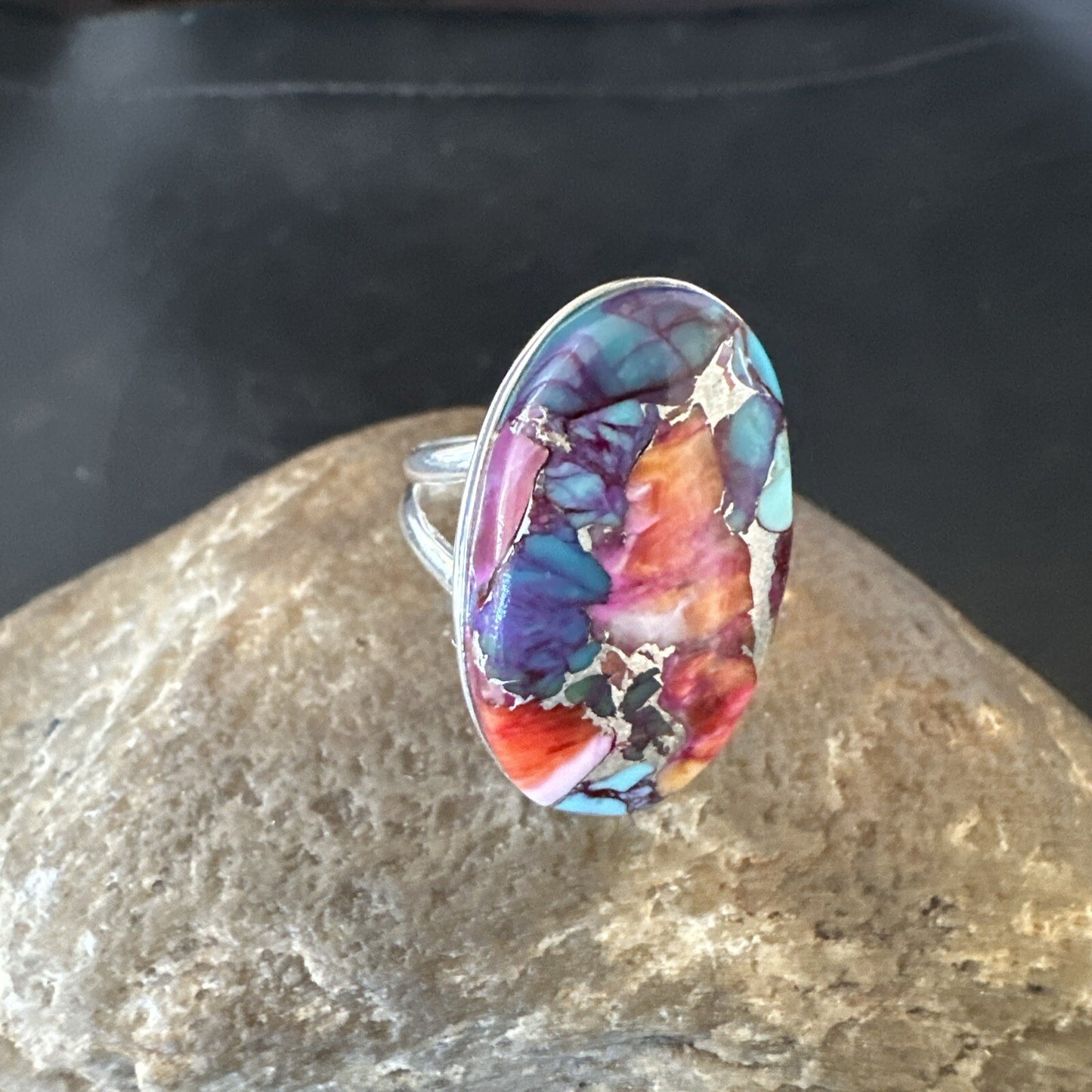 Blue Turquoise Spiny Oyster Southwestern Sterling Silver Ring Size 8 18482