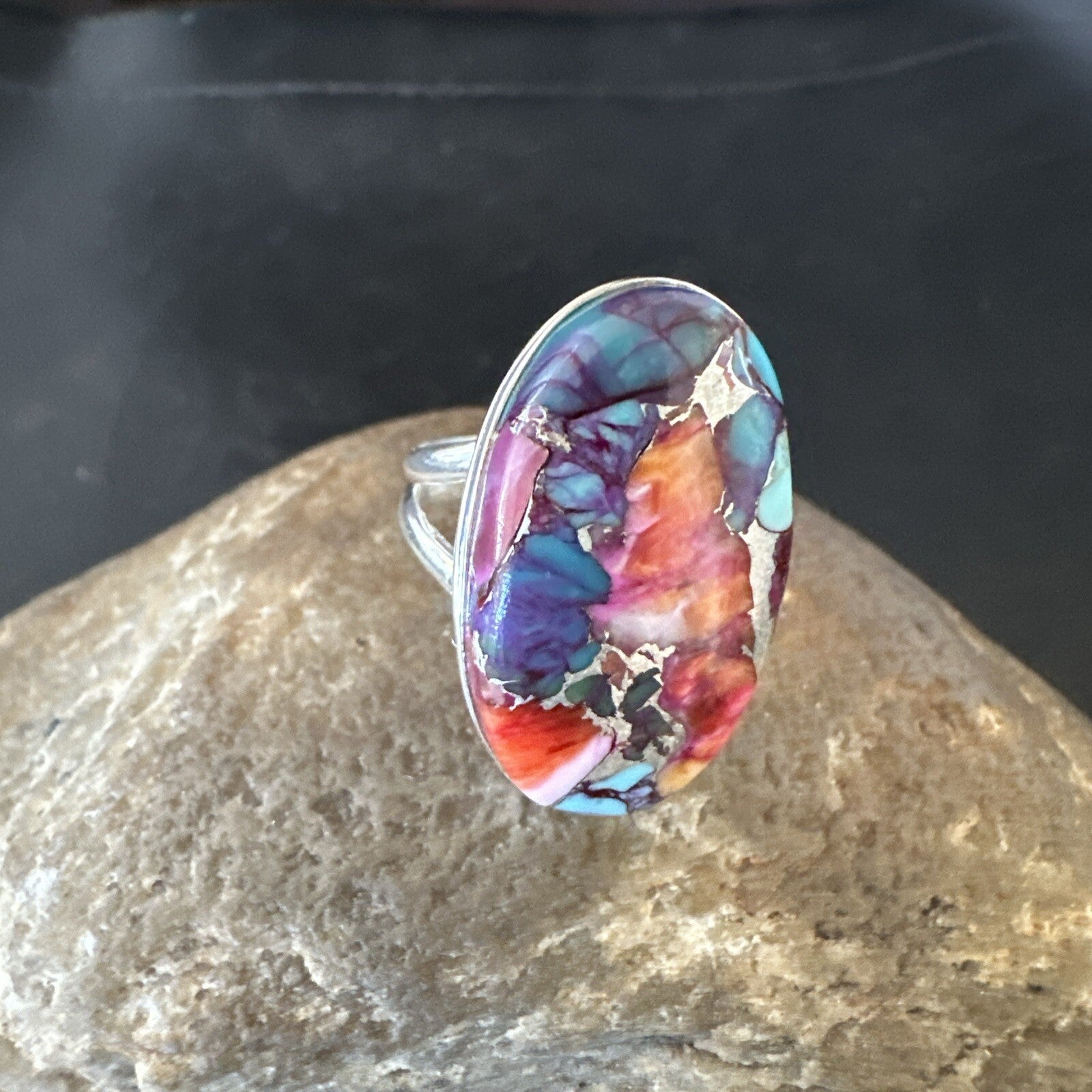 Blue Turquoise Spiny Oyster Southwestern Sterling Silver Ring Size 8 18482