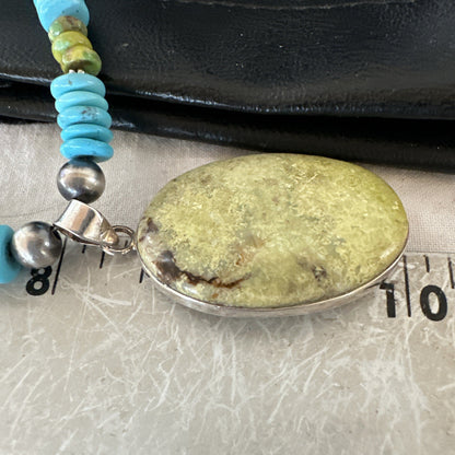 Green Gaspeite Pendant Blue Turquoise Navajo Sterling Silver Necklace 20" 19666