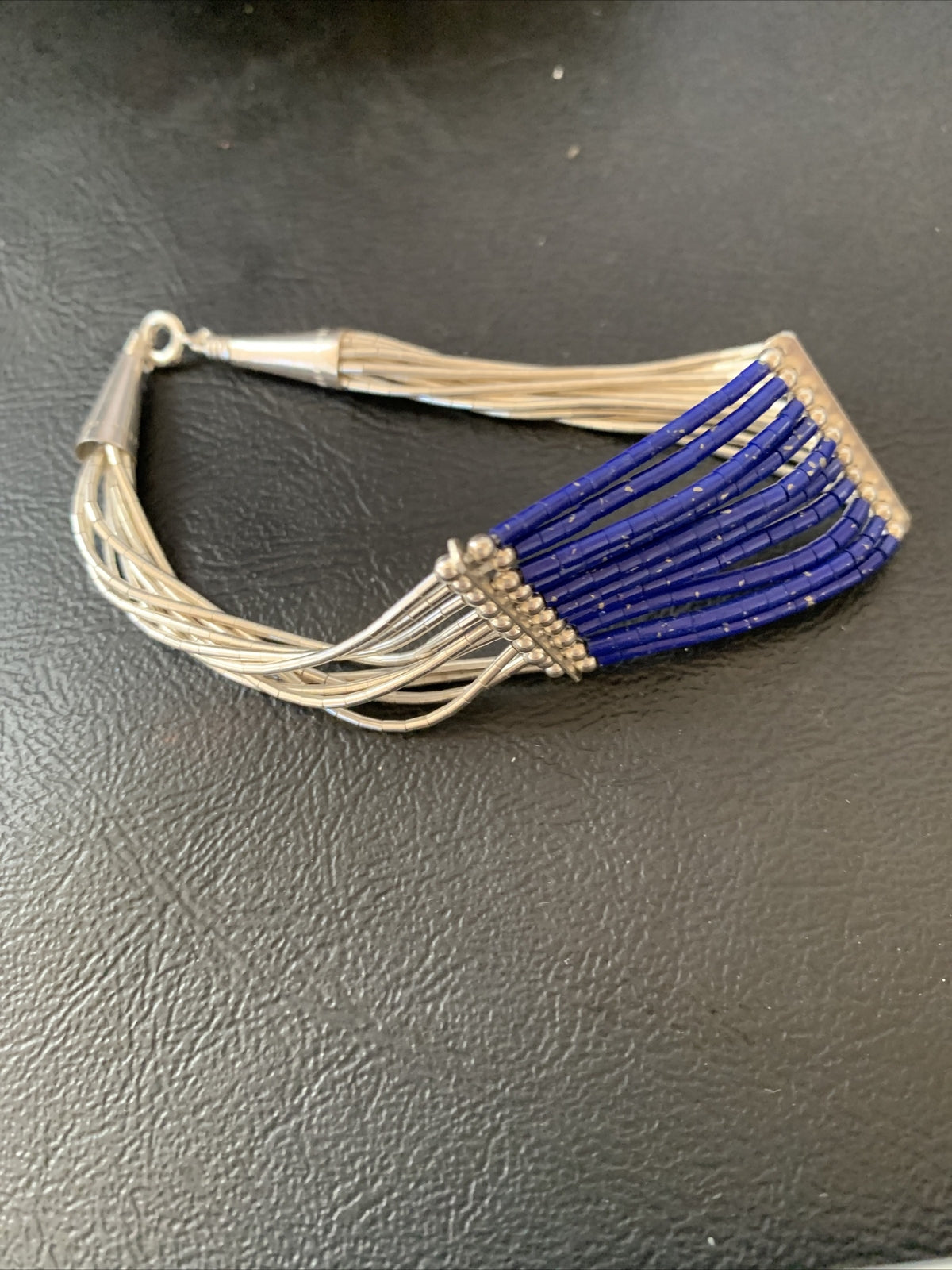 Blue Lapis Liquid Heishi Tubes 10 Strands Sterling Silver Bracelet 7.25" 12635