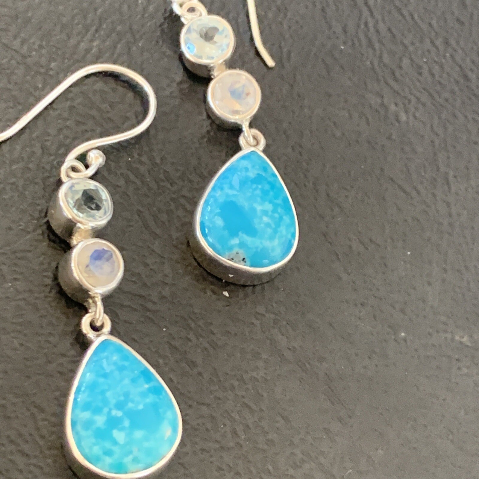 Blue Kingman Turquoise & Topaz Navajo Sterling Silver Dangle Earrings 11590