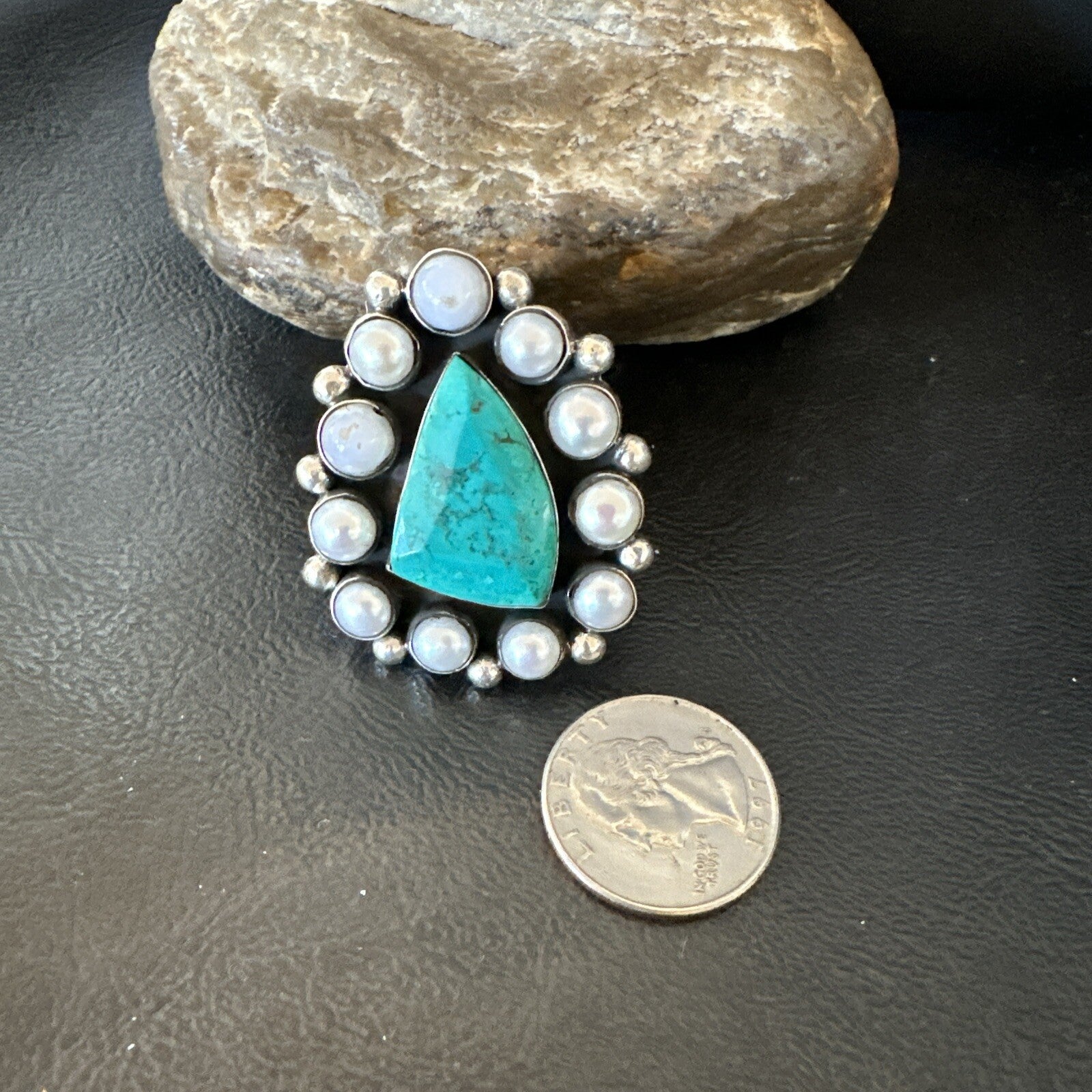 Blue Turquoise White Pearls Navajo Sterling Silver Cluster Ring Size 10.5 18398