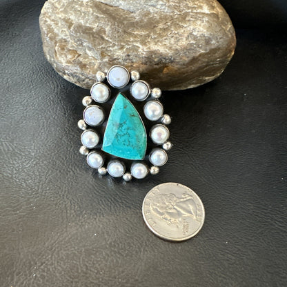 Blue Turquoise White Pearls Navajo Sterling Silver Cluster Ring Size 10.5 18398