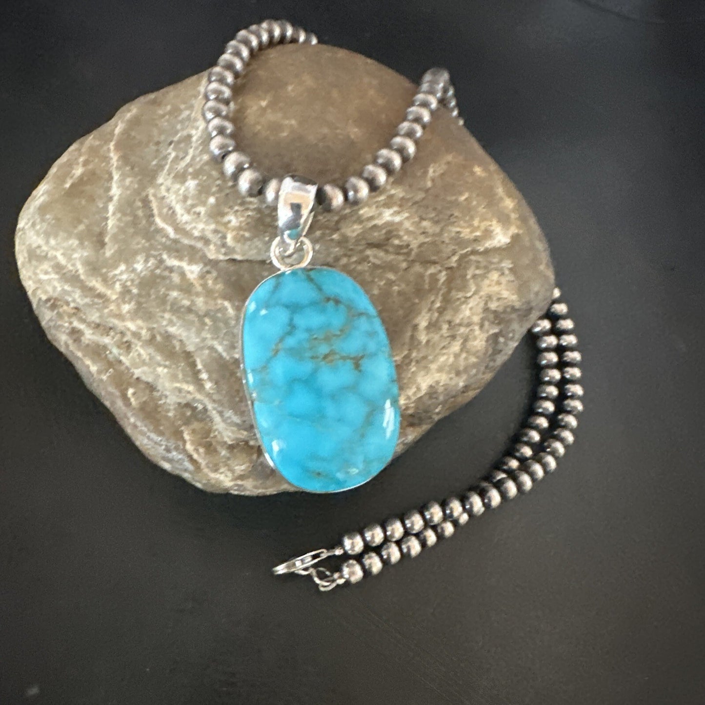 Blue Kingman Turquoise Pendant Navajo Pearls Sterling Silver Necklace 20” 16691