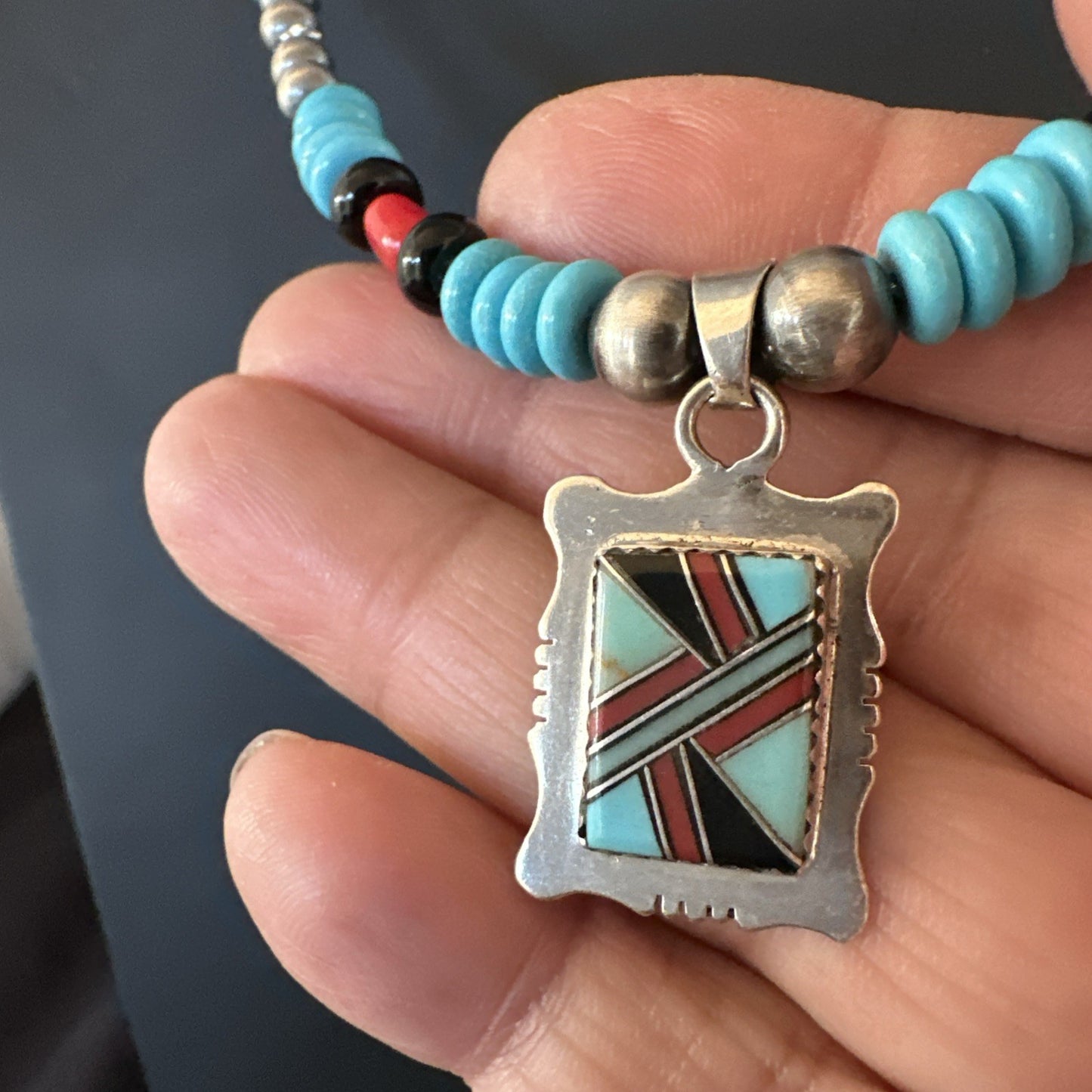 Multicolor Turquoise Coral Navajo Sterling Silver Inlay Pendant Necklace 19649