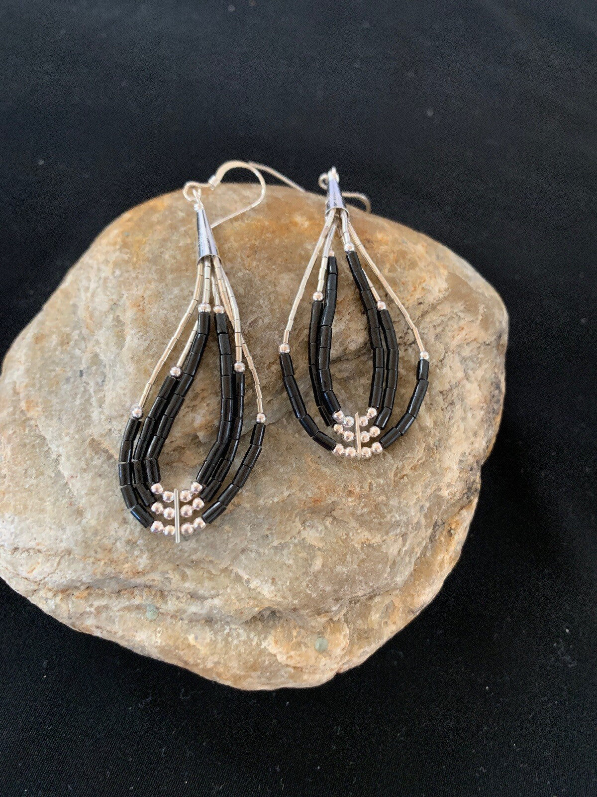 Handmade Native  Sterling Silver Heishi Black Onyx Dangle Earrings 2" 10054