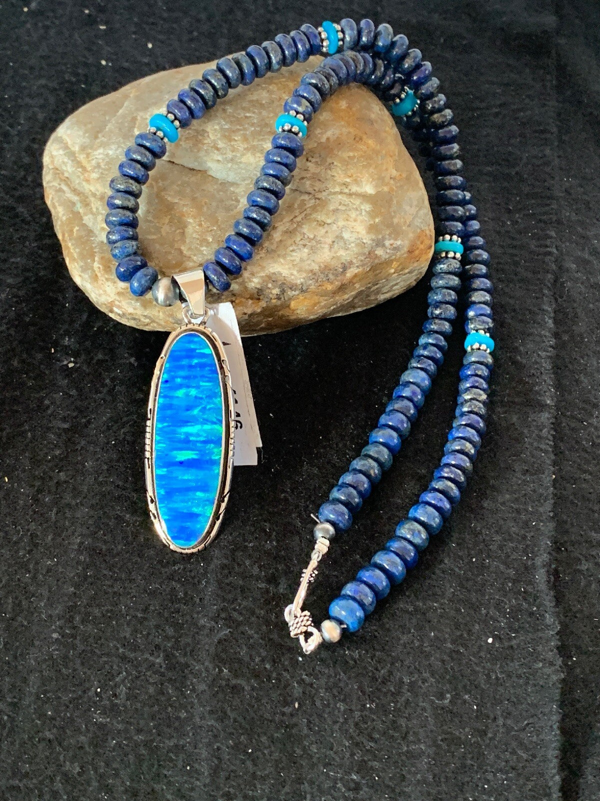 Opal Pendant Blue Lapis Turquoise Navajo Pearls Sterling Necklace 04146