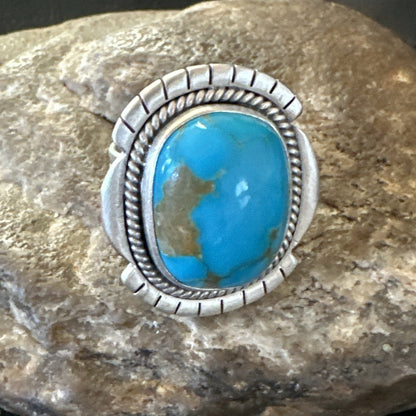 Blue Kingman Turquoise Navajo Sterling Silver Adjustable Ring Size 7 18824