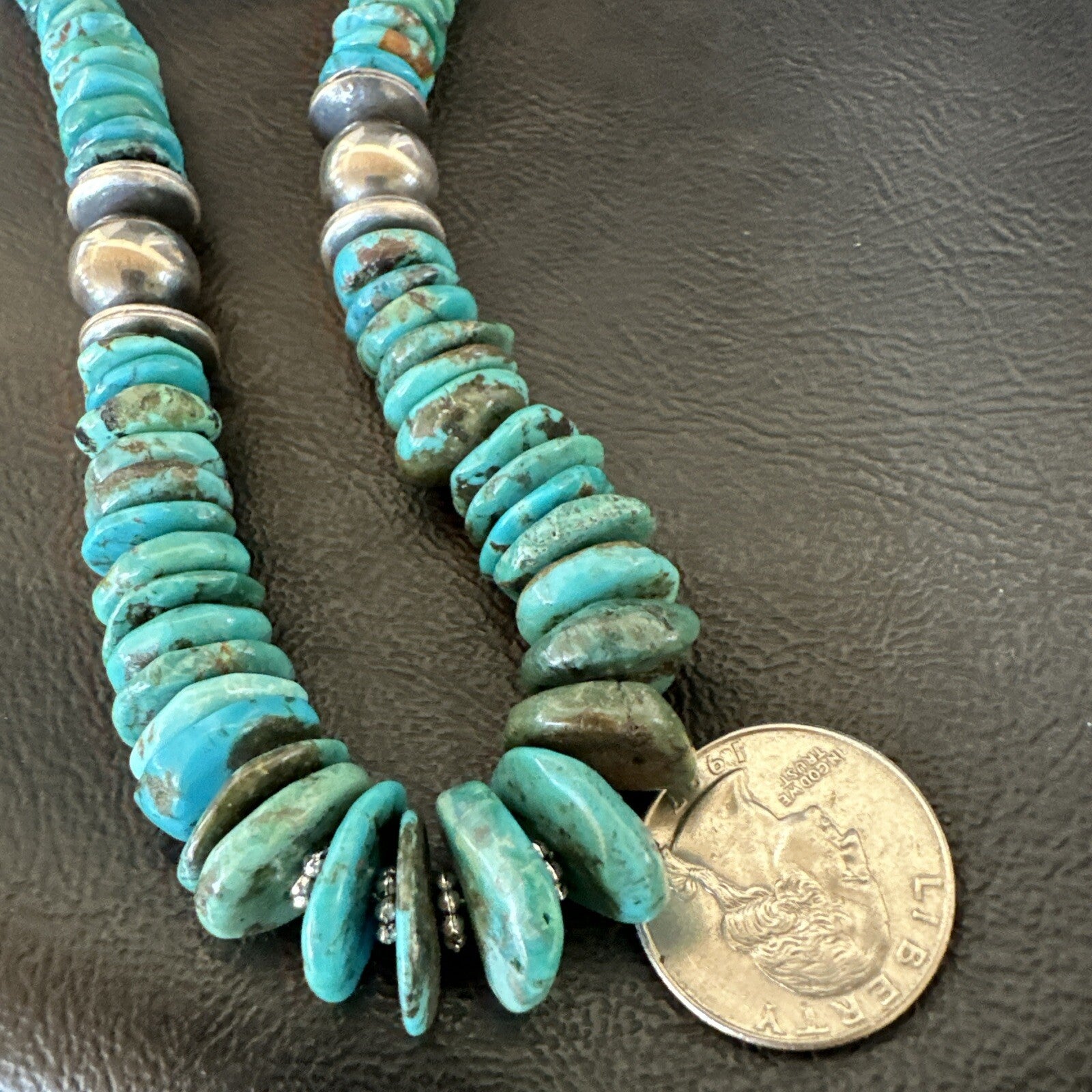 Graduated Blue Turquoise Navajo Pearls Sterling Silver Necklace 18” 18319